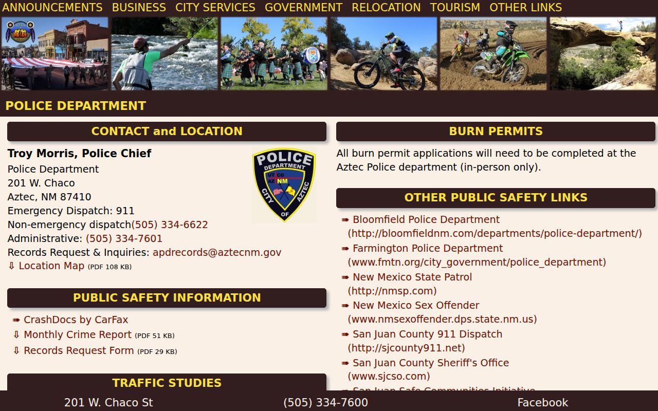 Aztec Police building, contact information, and records links