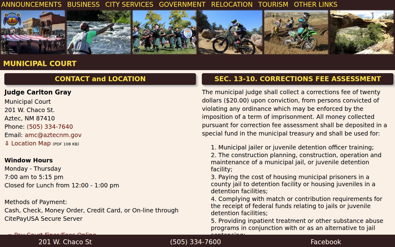 Aztec Municipal Court location, schedule, and official contact information