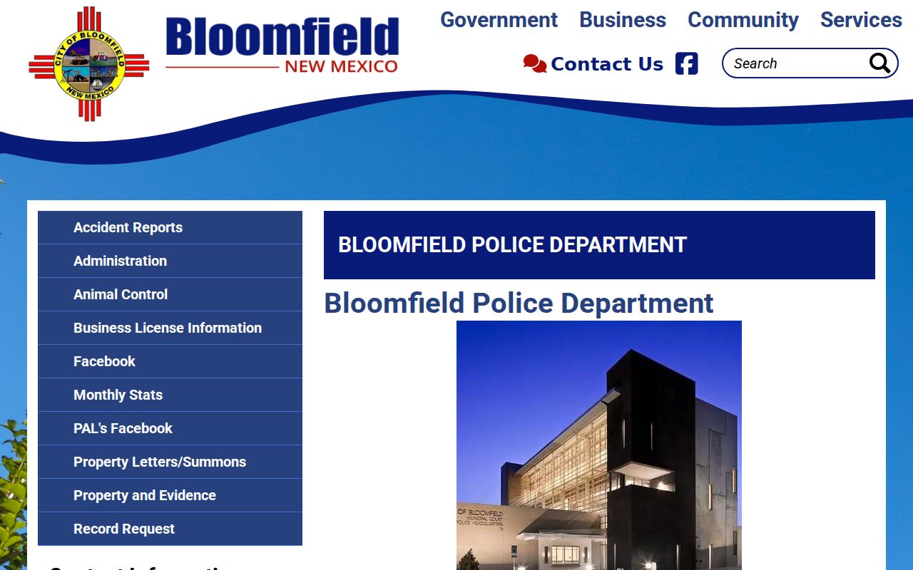 Bloomfield Police Department page and public building information